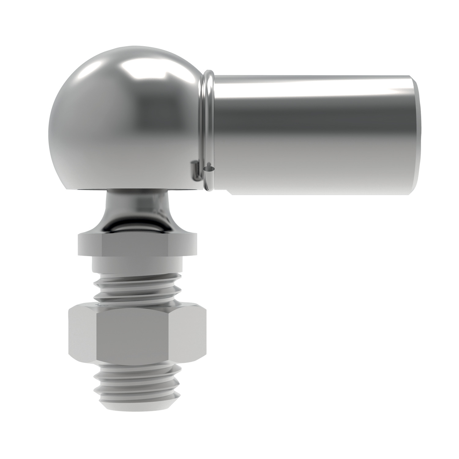 sideways view of silver coloured ball and socket joint